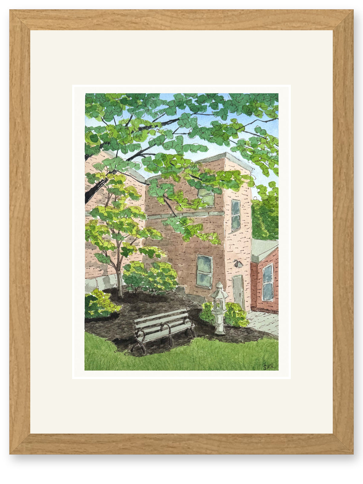 Beside the lantern, line and watercolor painting shown in its frame