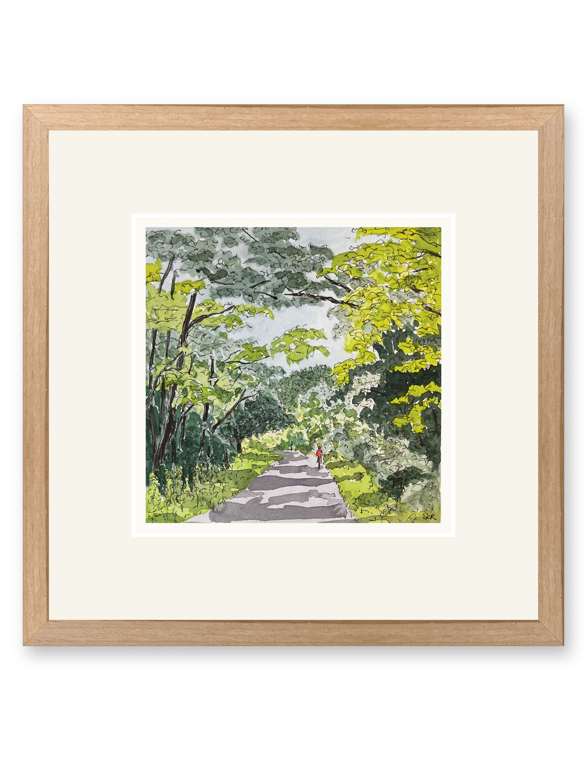 Bike path, line and watercolor painting shown in its frame