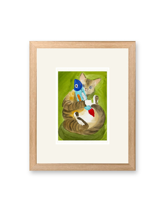 Busted, line and watercolor painting shown in its frame
