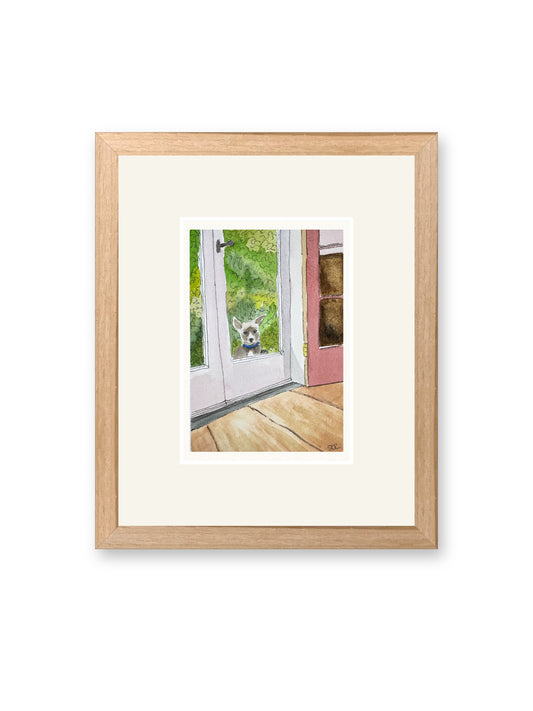 Can I come in?, line and watercolor painting shown in its frame