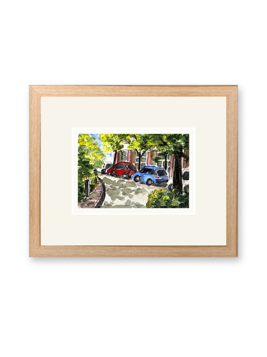 Cars, line and watercolor painting shown in its frame