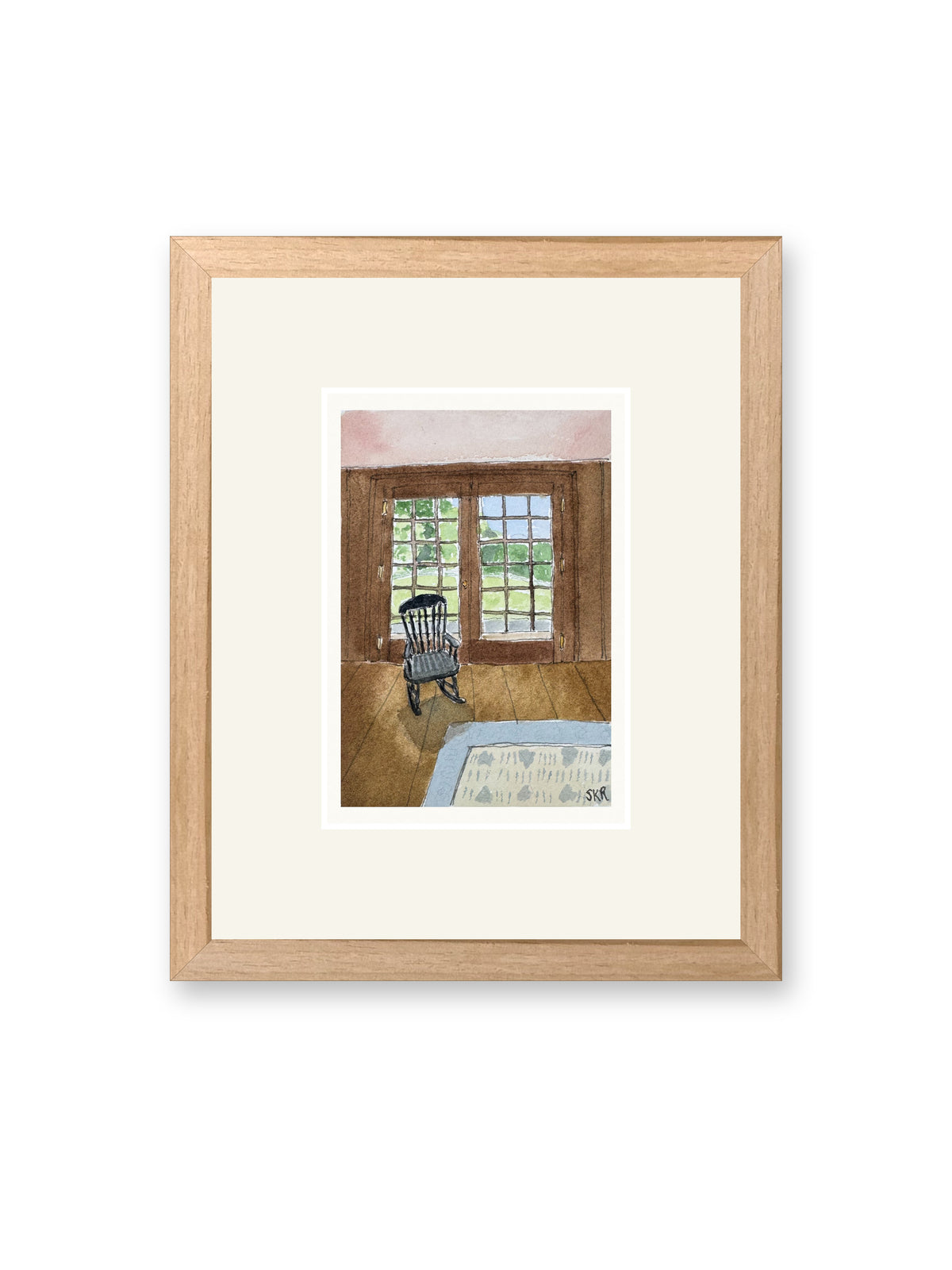 Come in from the sun, line and watercolor painting shown in its frame