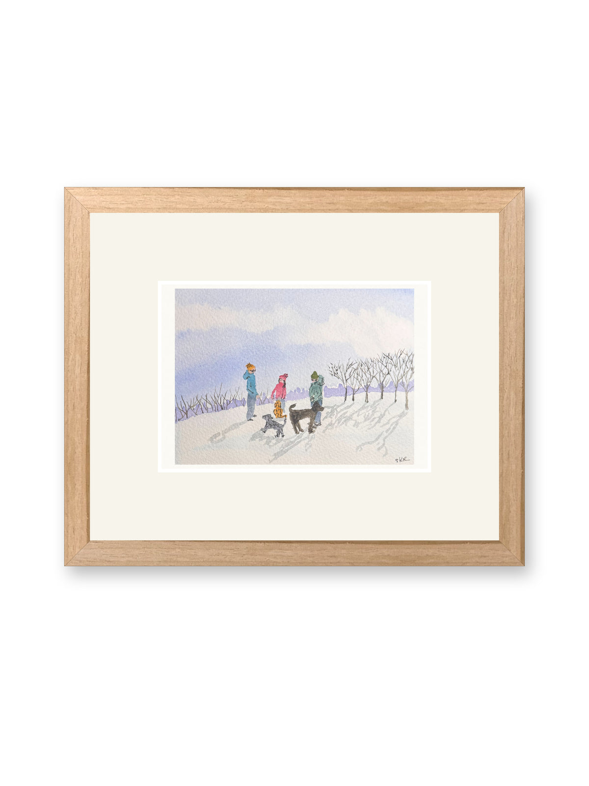 Friendly encounter, line and watercolor painting shown in its frame
