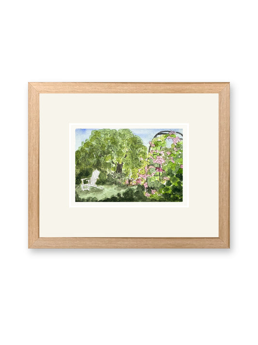 Garden seat, line and watercolor painting shown in its frame
