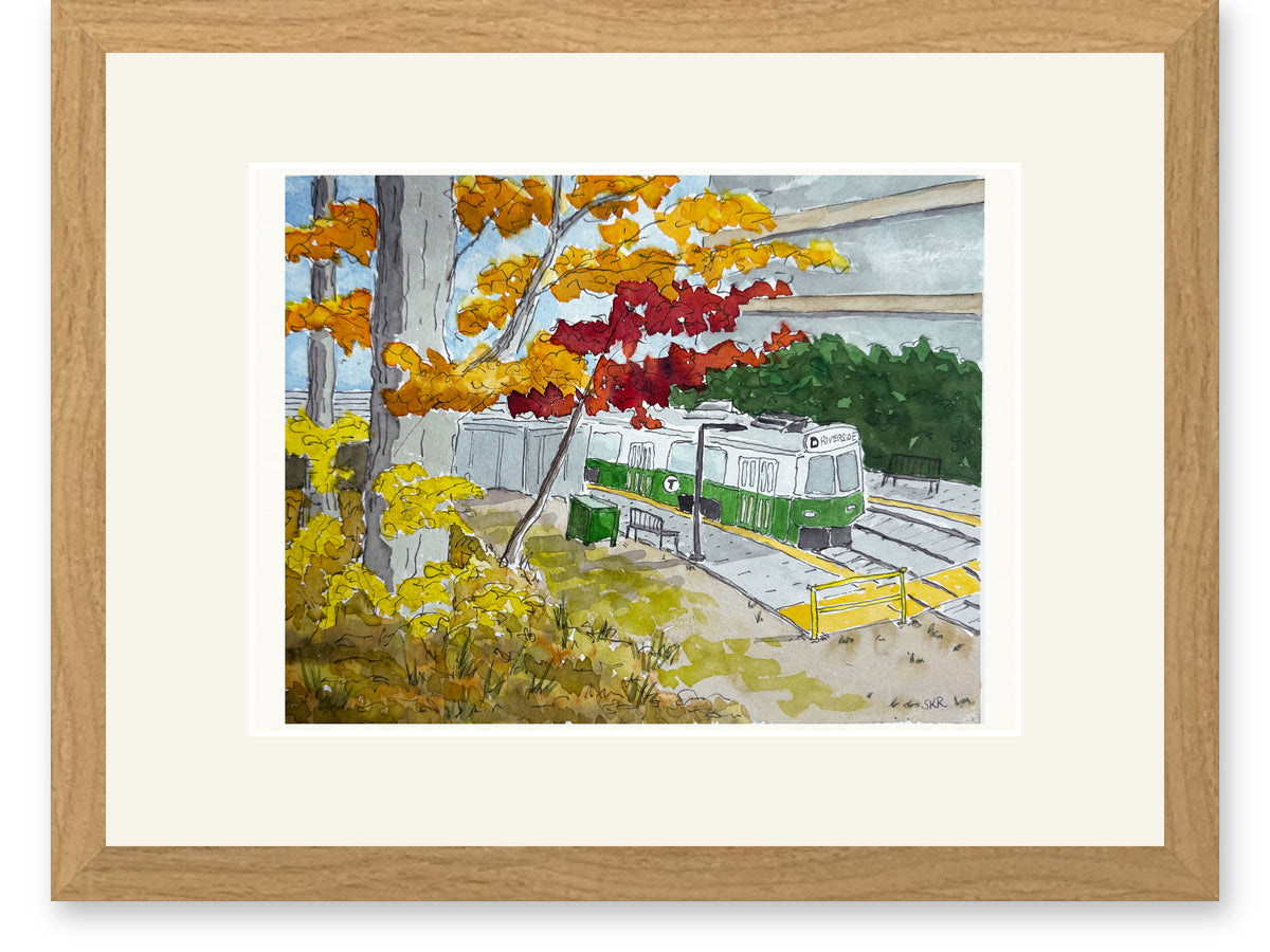 Green Line trolley, line and watercolor painting shown in its frame