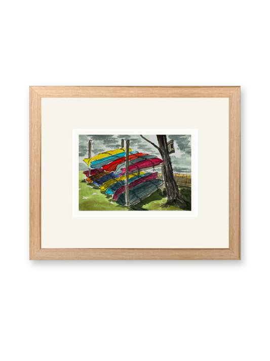 Kayaks no. 1, line and watercolor painting shown in its frame