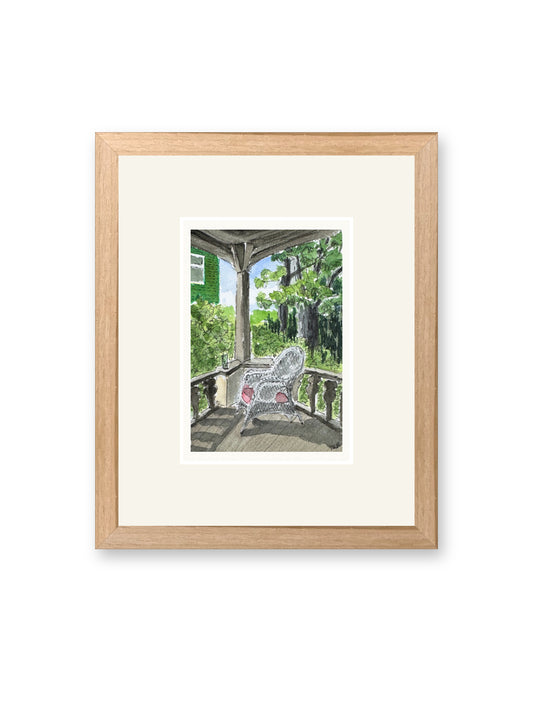 Looking out, line and watercolor painting shown in its frame