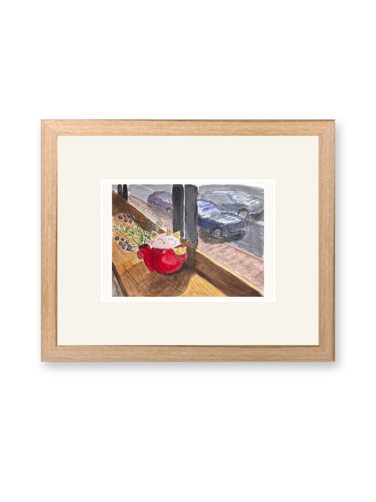 Lucky, line and watercolor painting shown in its frame