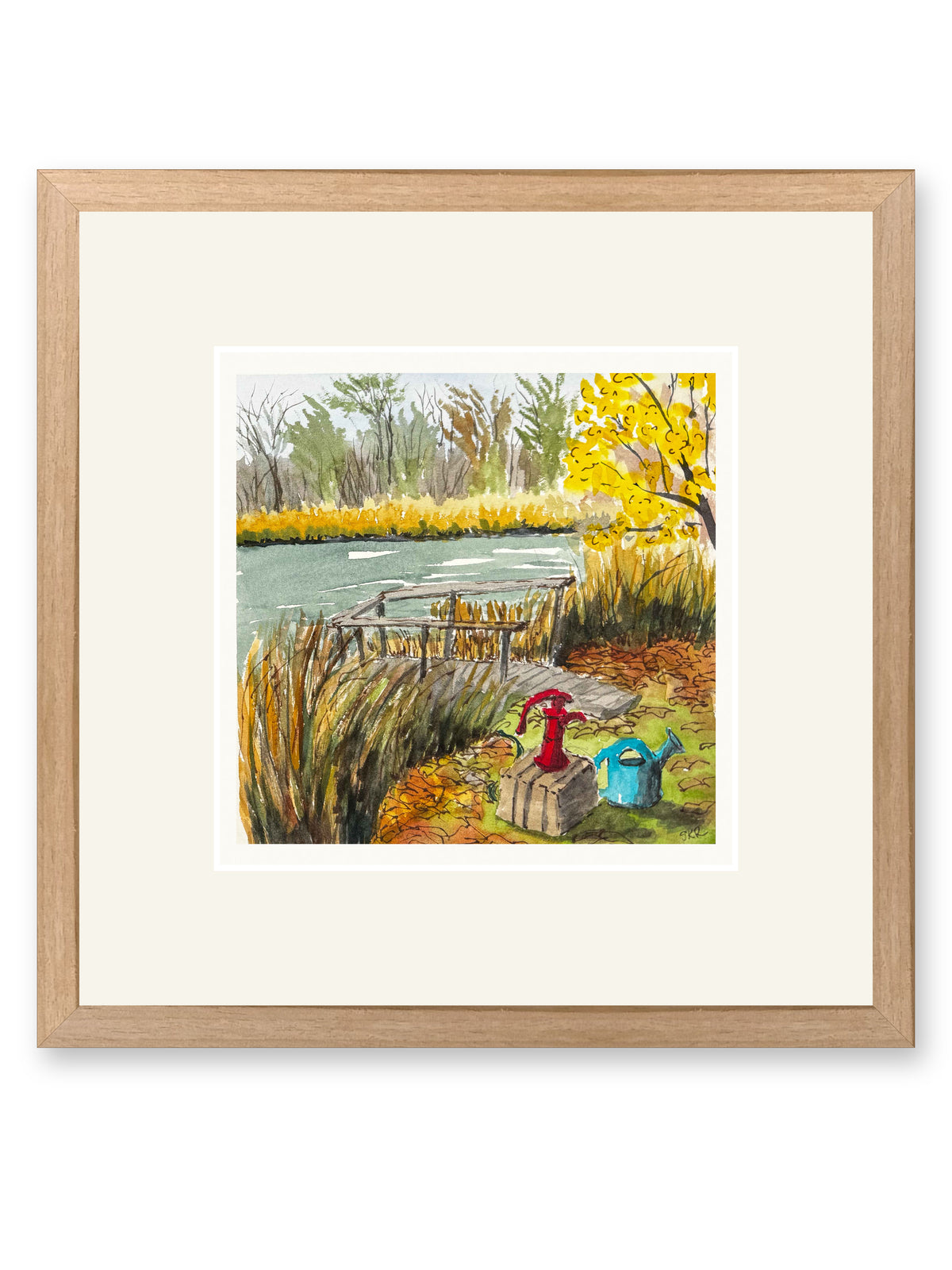 Pondside pump, line and watercolor painting shown in its frame