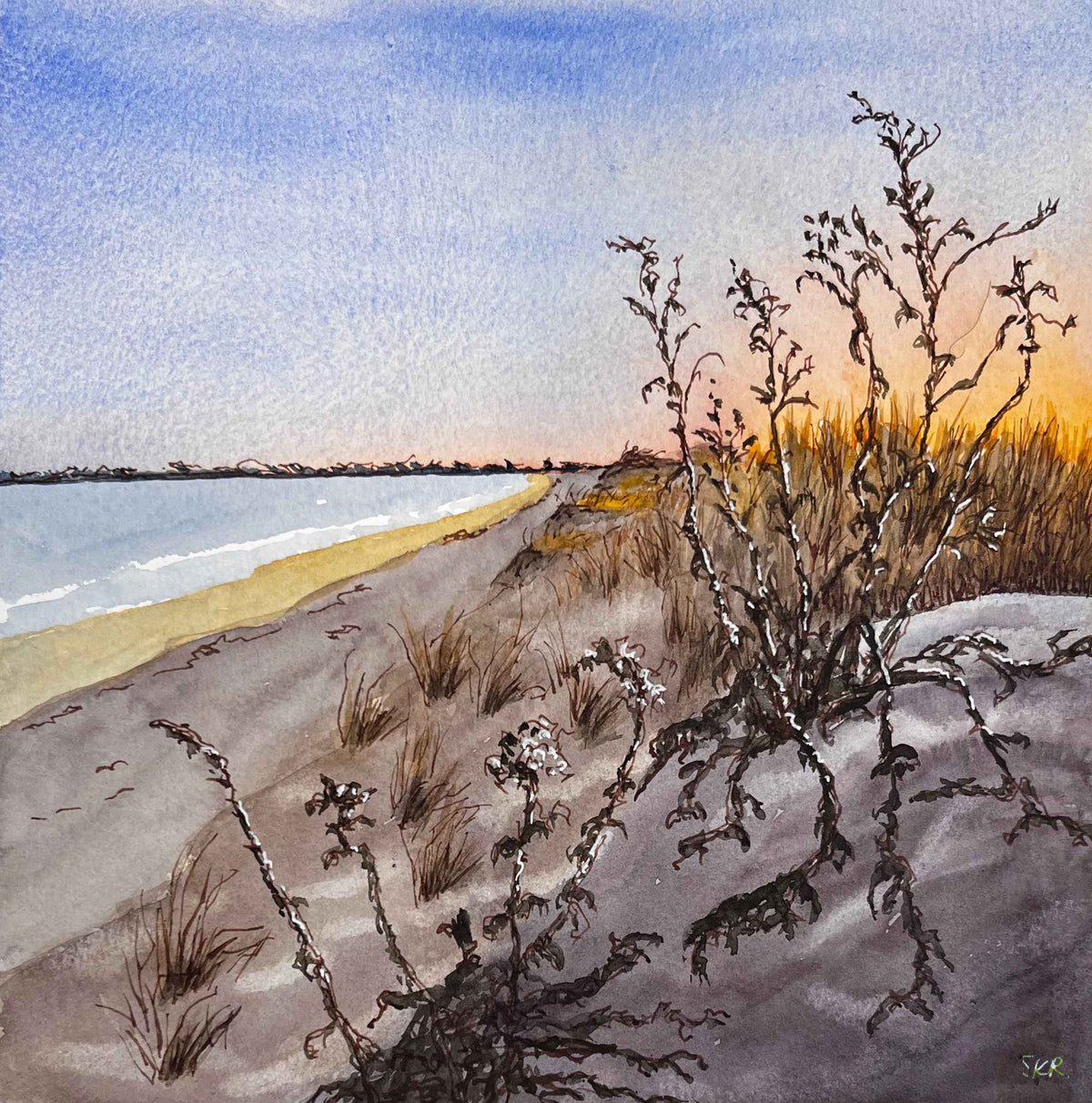 Winter dune, line and watercolor painting (print)
