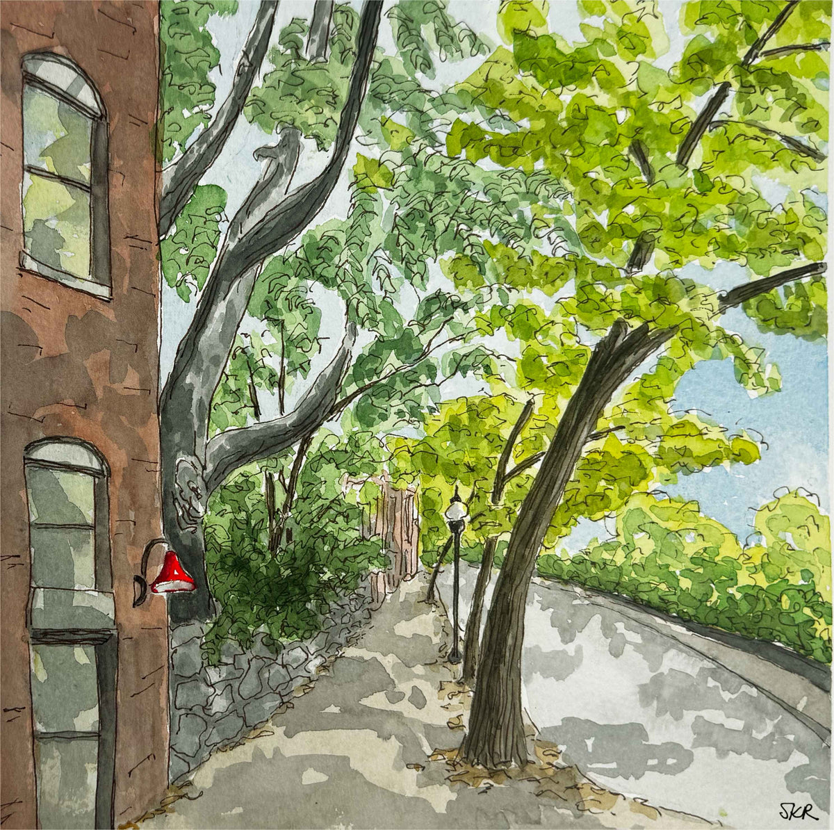 Trees leaning in, line and watercolor painting (print)