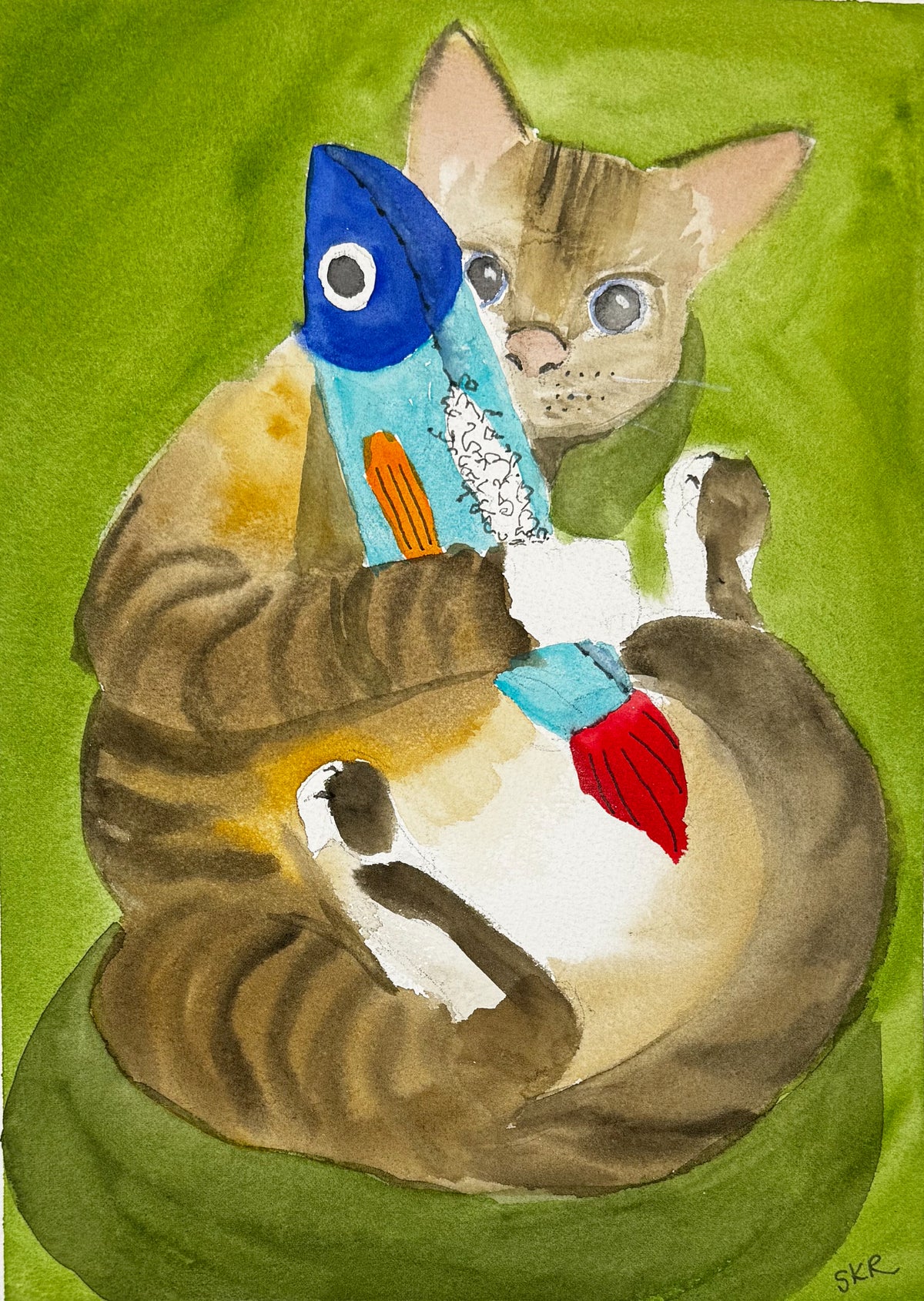 Busted, line and watercolor painting (print)