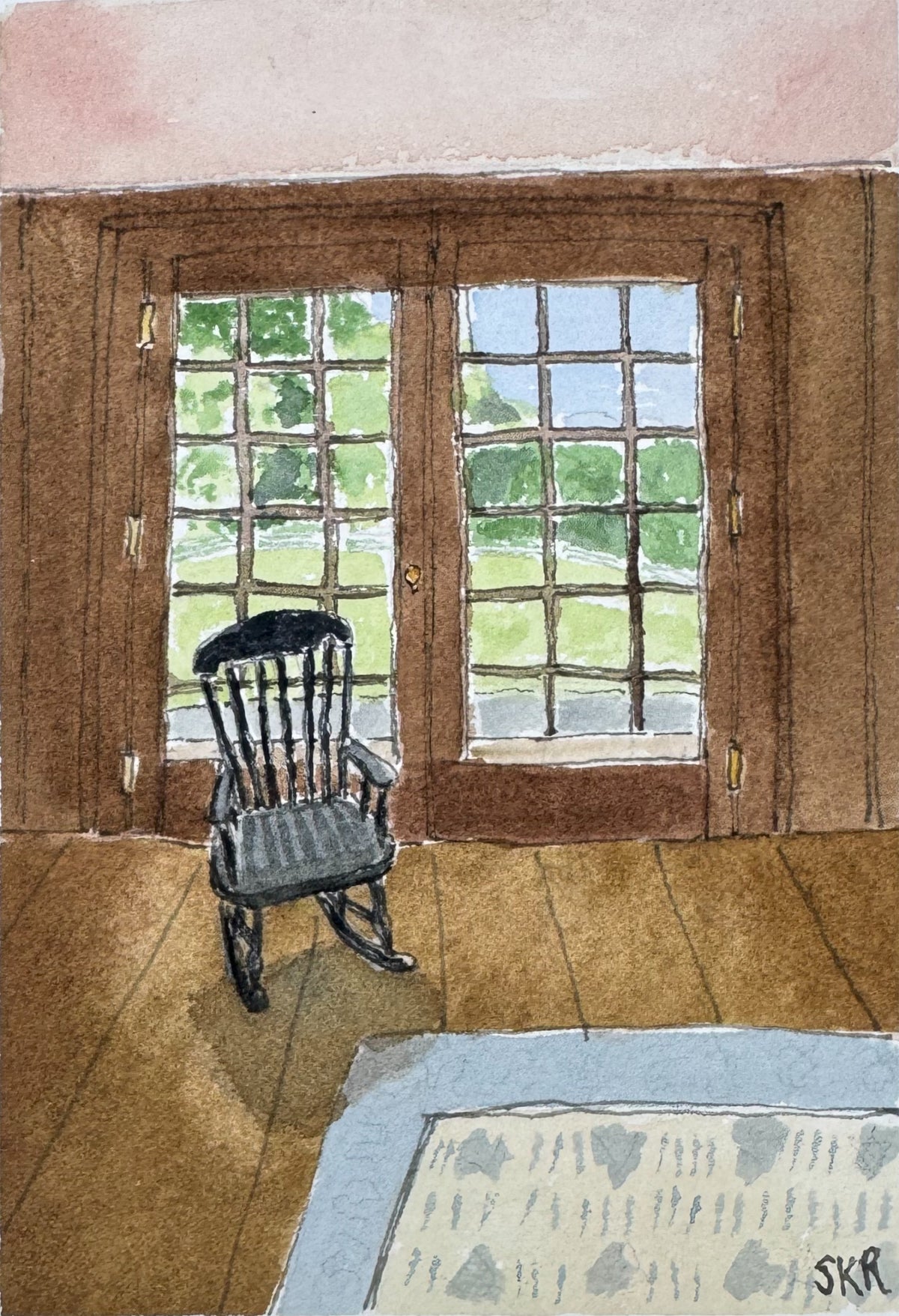 Come in from the sun, line and watercolor painting (print)