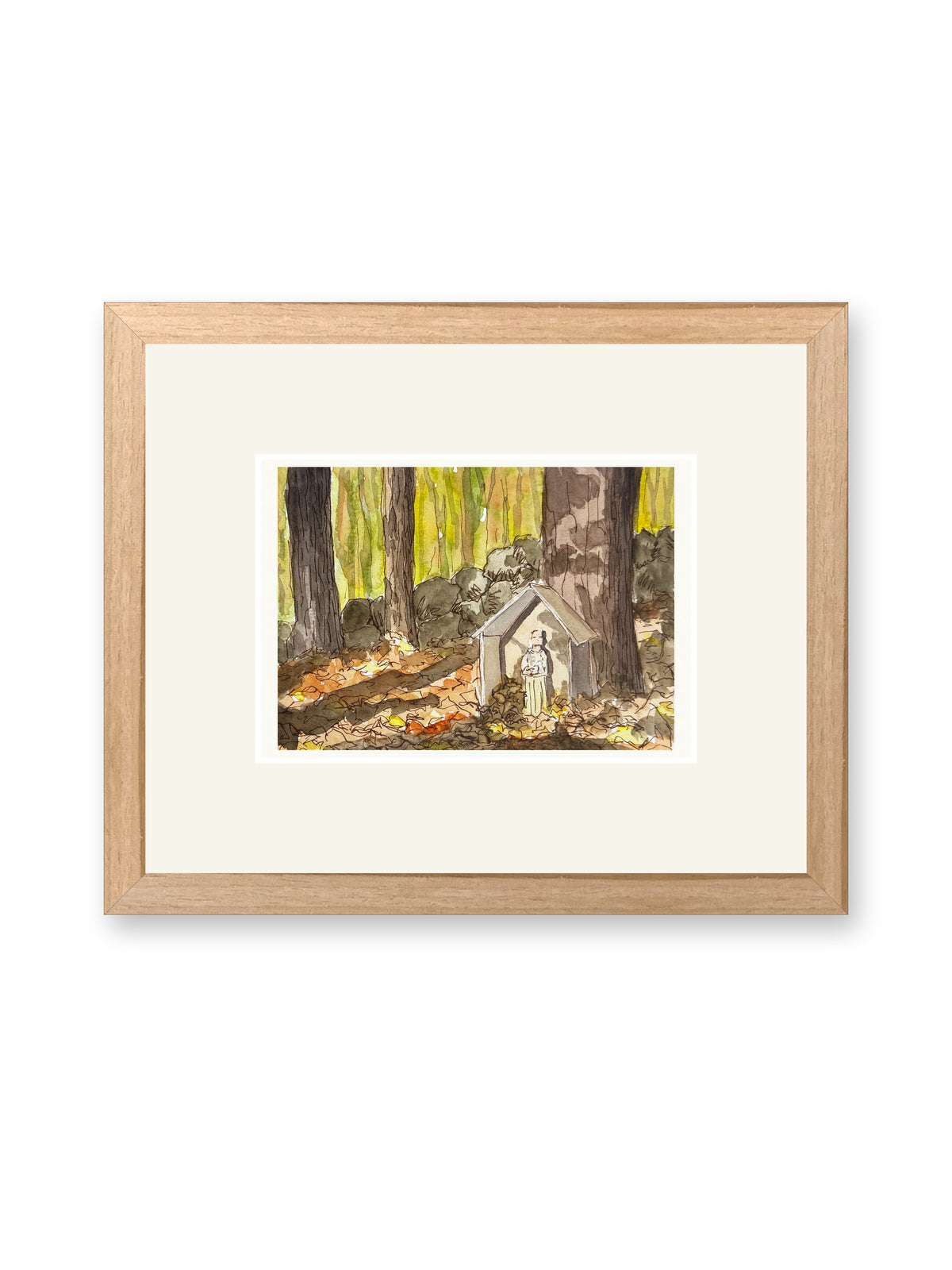 Saint Francis in the woods, line and watercolor painting shown in its frame