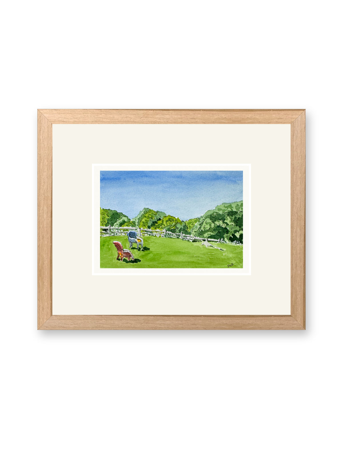 Wicker lawn chairs, line and watercolor painting shown in its frame