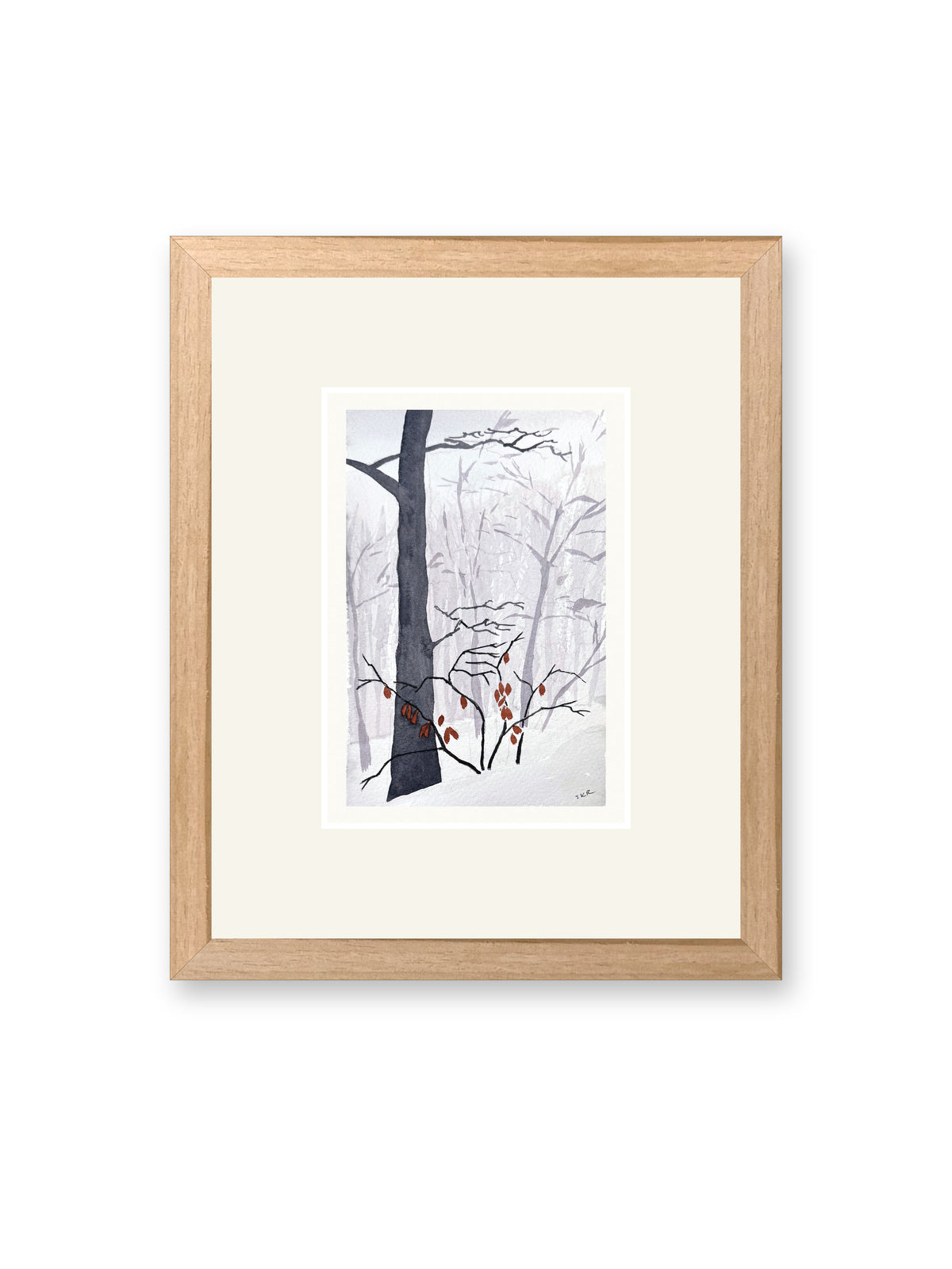 Winter fog, line and watercolor painting shown in its frame