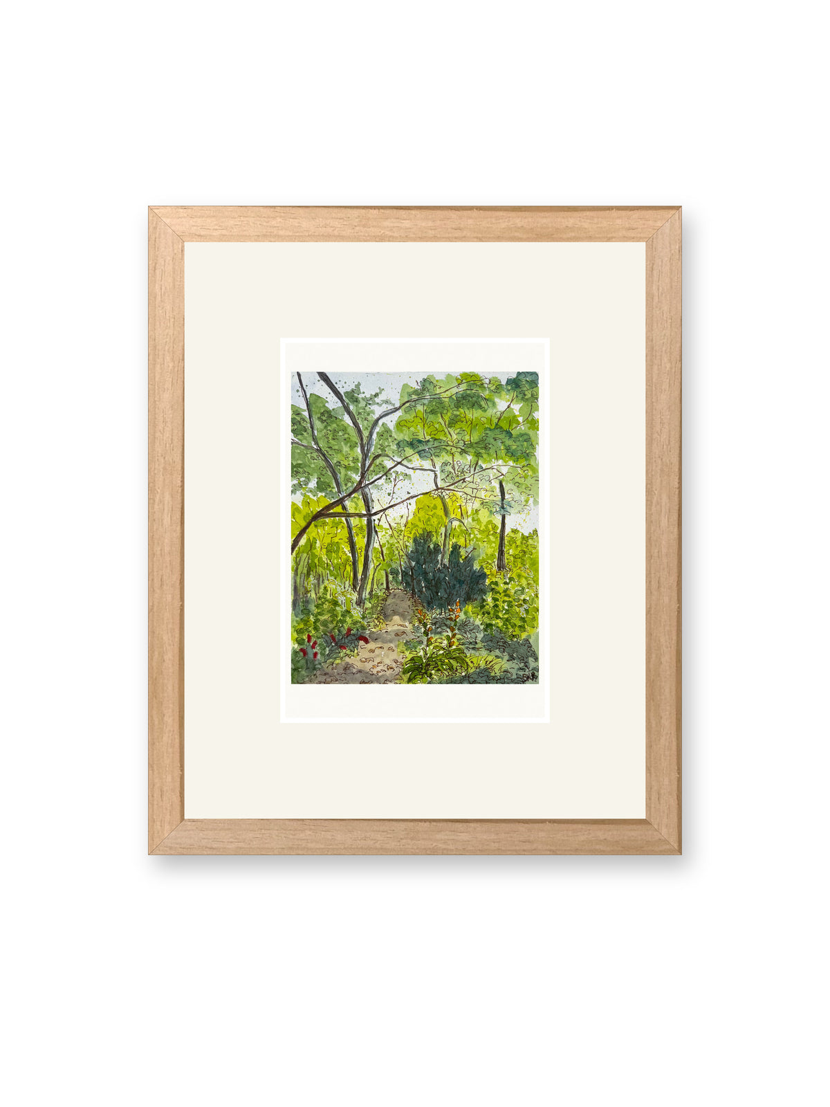 Wooded path print, small (5x7 matted), line and watercolor painting shown in its frame